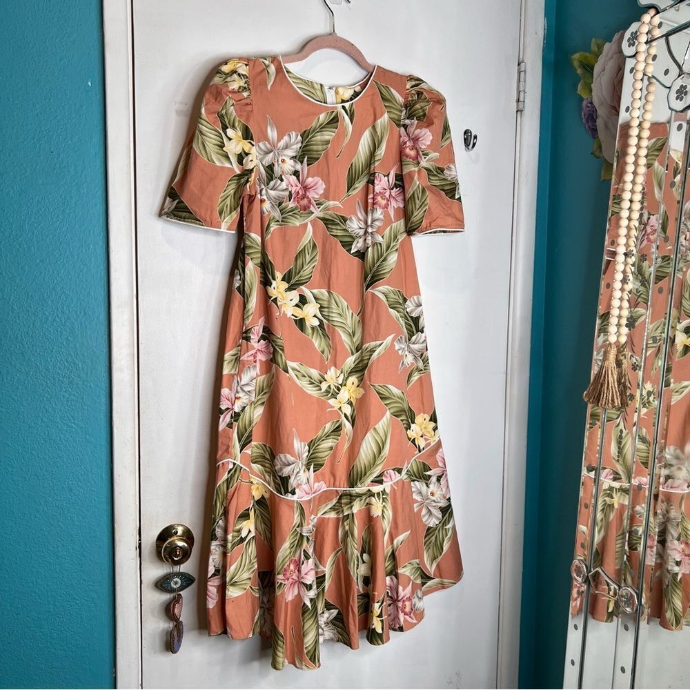 Floral Midi Dress in Peach and Green